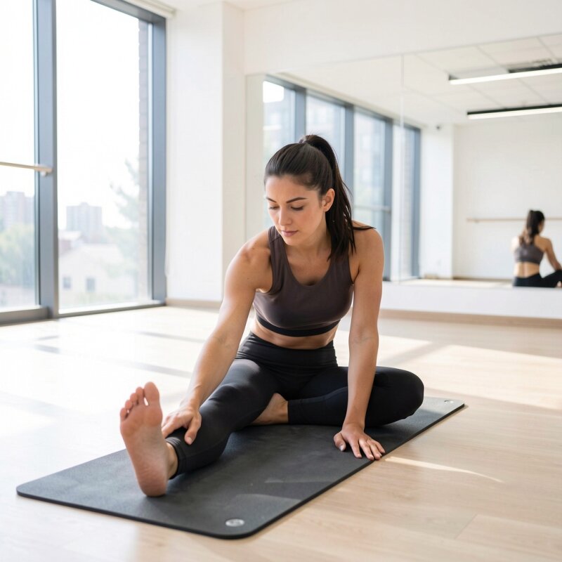 Rozciąganie mięśni nóg na macie w studiu fitness