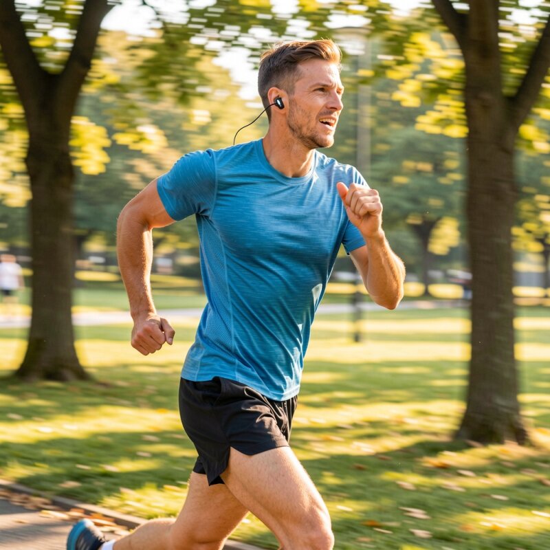 Sportowiec słuchający muzyki motywacyjnej podczas biegu.