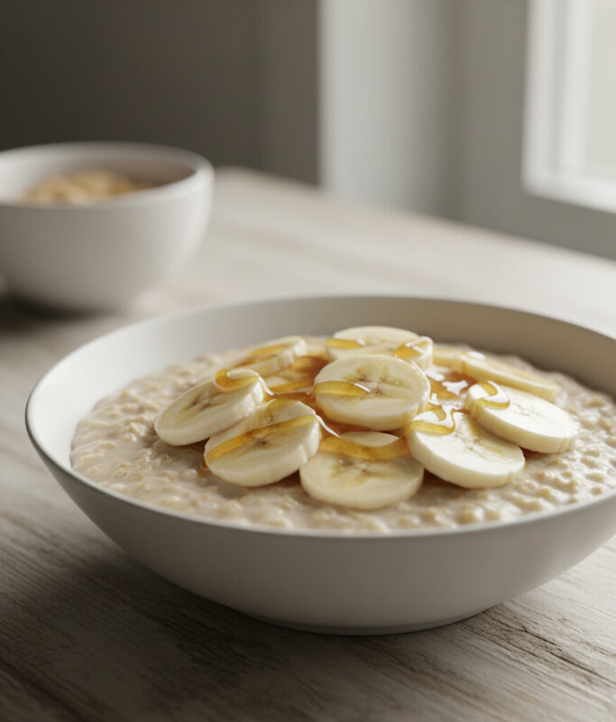 Ciepła owsianka z bananami jako dieta lekkostrawna.