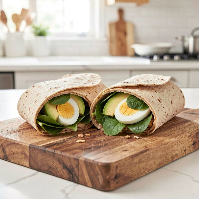 Pełnowartościowy fit wrap z awokado, jajkiem i szpinakiem.