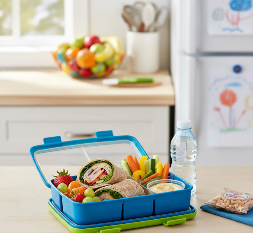 Kolorowy i zdrowy lunchbox dla dziecka z owocami, warzywami i tortillą.