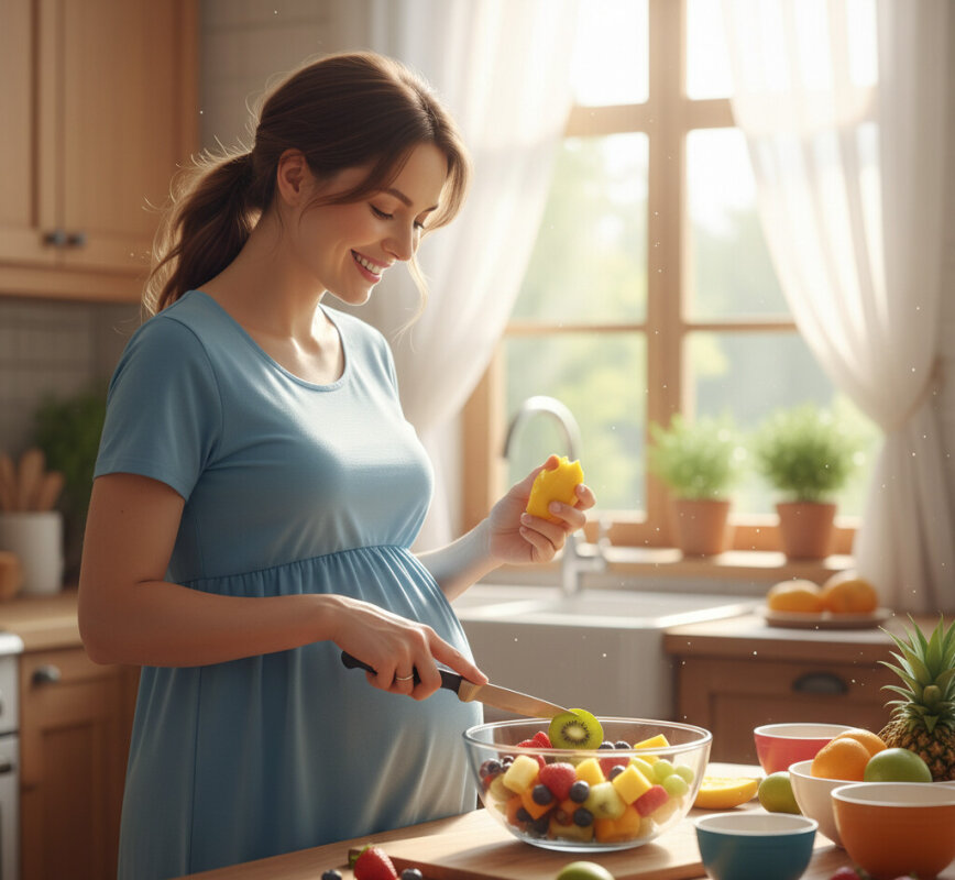 Kobieta w ciąży przygotowuje sałatkę owocową w jasnej kuchni.