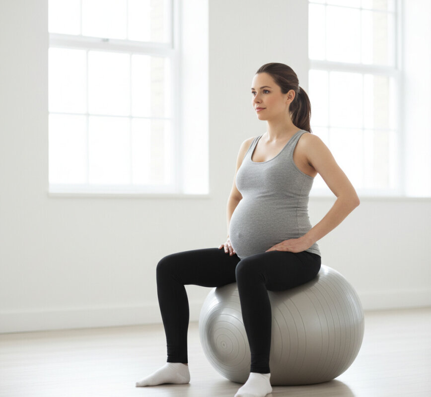 Trening w ciąży na piłce fitness pod okiem fizjoterapeutki.