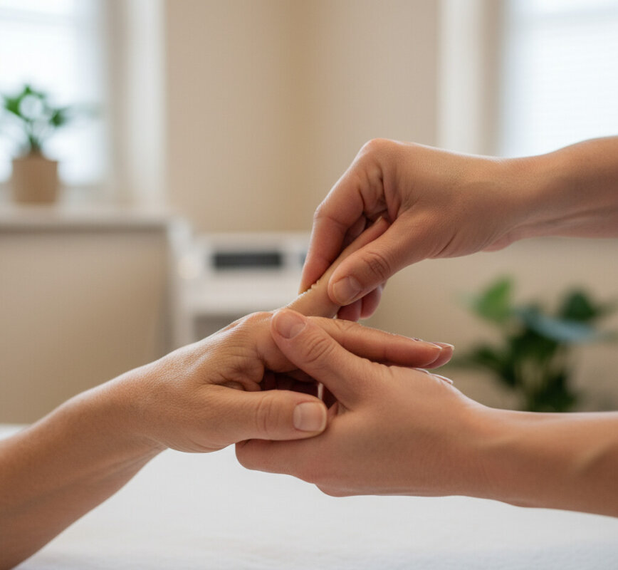 Fizjoterapeuta wykonujący masaż i terapię manualną dłoni i stawów palców pacjenta.