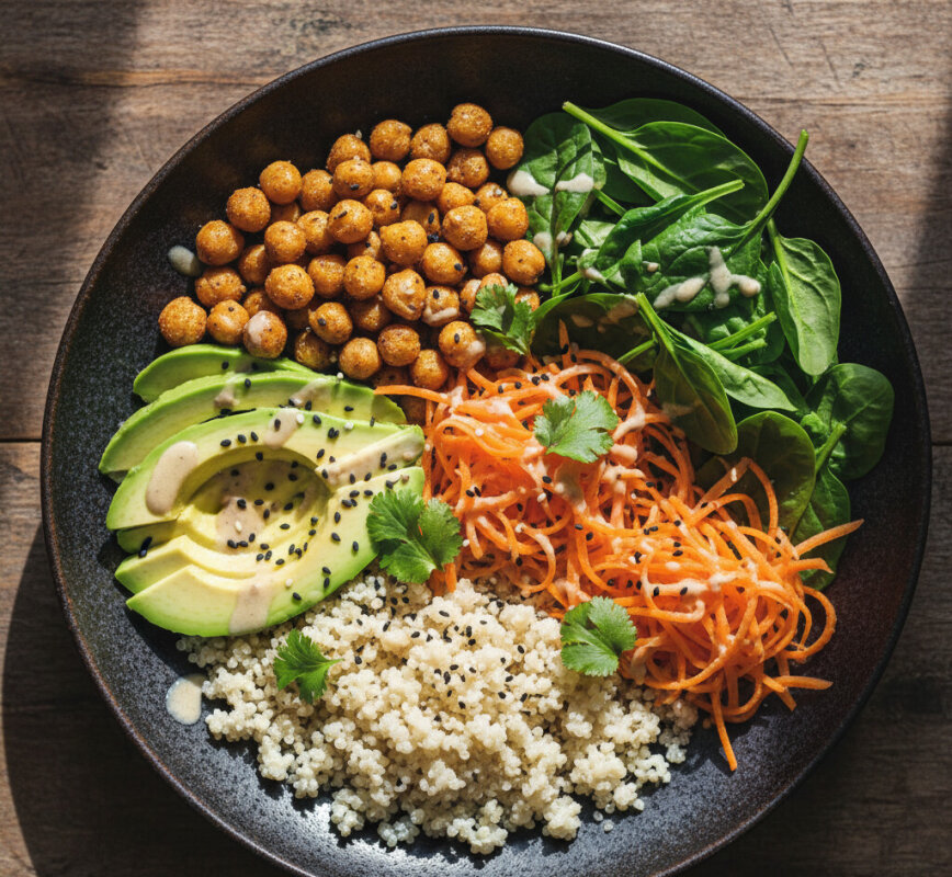 Kolorowy wegański buddha bowl z awokado, ciecierzycą i warzywami.