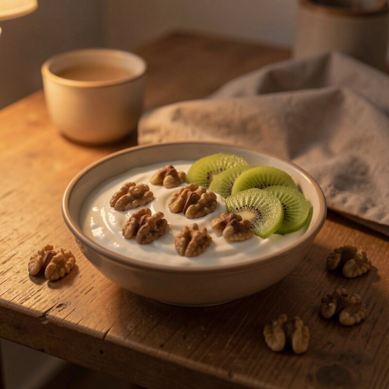 Kolacja sprzyjająca dobremu snowi: jogurt, orzechy i kiwi.