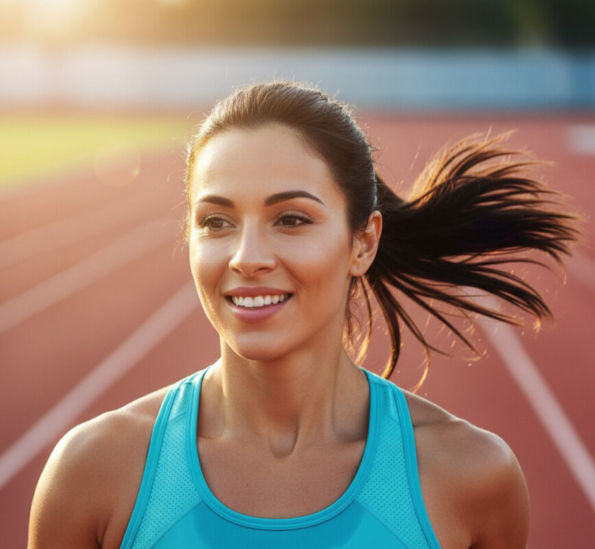 Portret uśmiechniętej i zmotywowanej sportsmenki na tle słonecznego stadionu lekkoatletycznego.