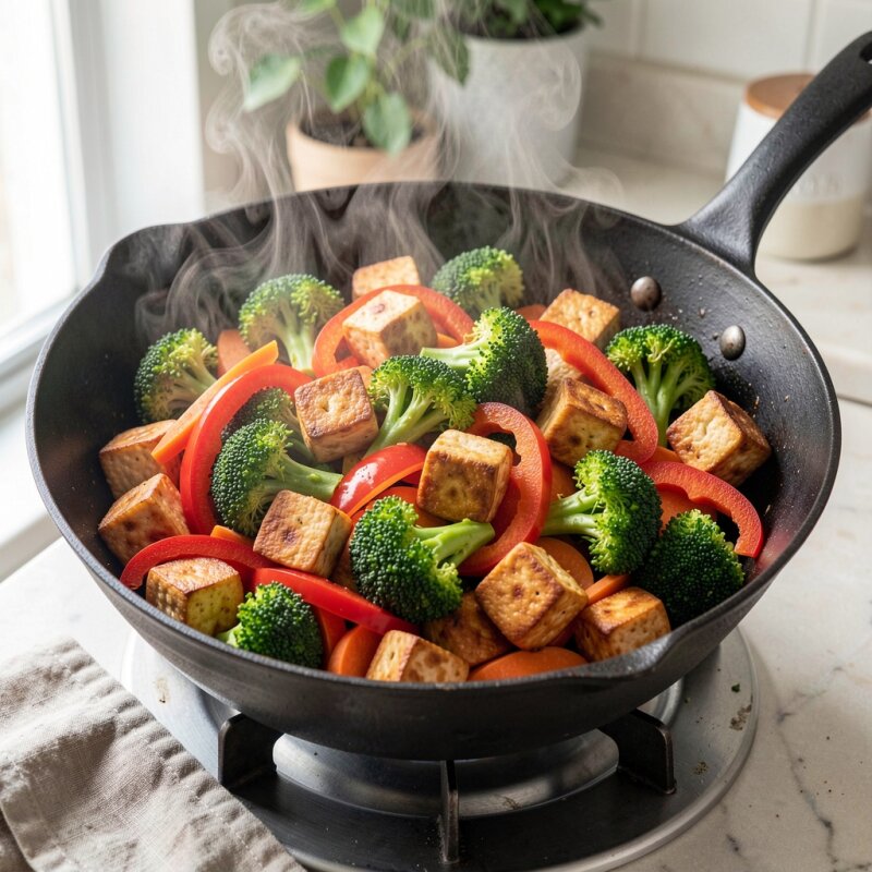 Wegańskie danie stir fry z tofu i brokułami w woku