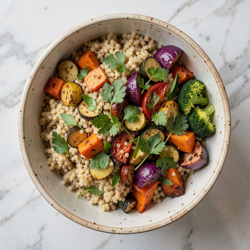 Kolorowy fit bowl z komosą ryżową i warzywami.