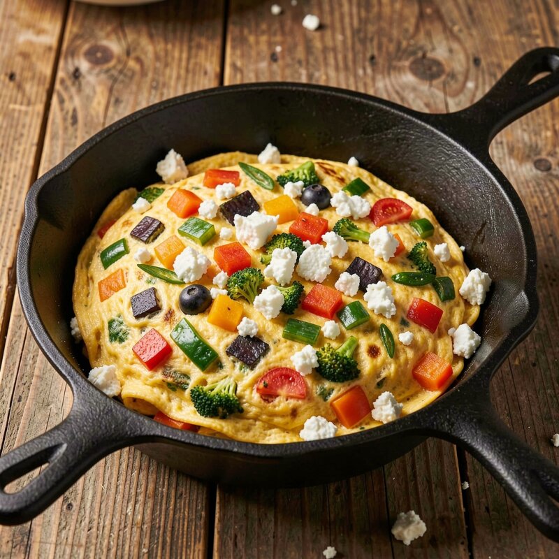 Puszysty omlet z warzywami i serem feta podany na patelni.