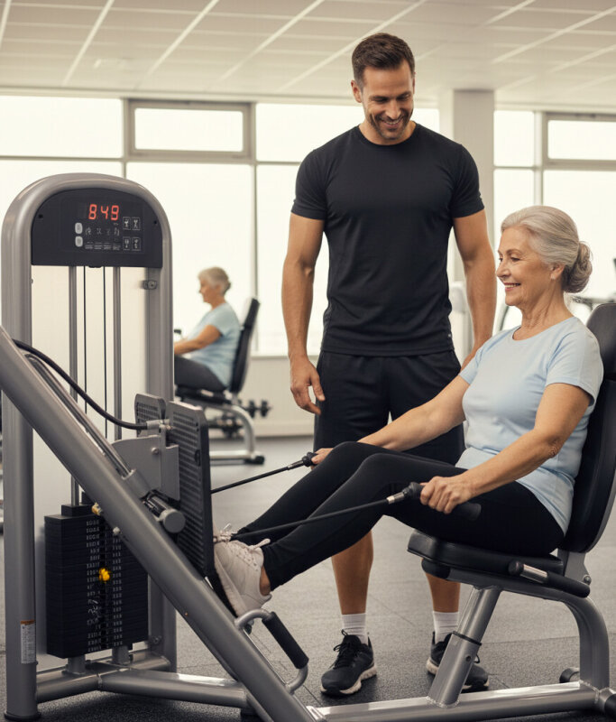 Bezpieczny trening siłowy dla seniorów pod opieką trenera na siłowni.
