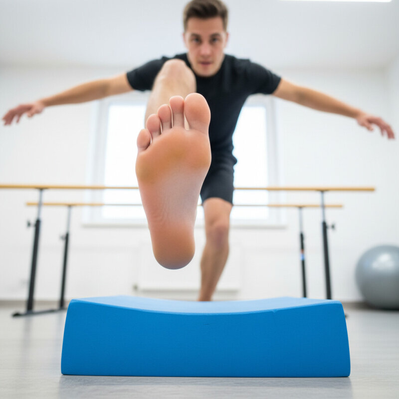 Trening równowagi i propriocepcji na poduszce sensorycznej w studio.