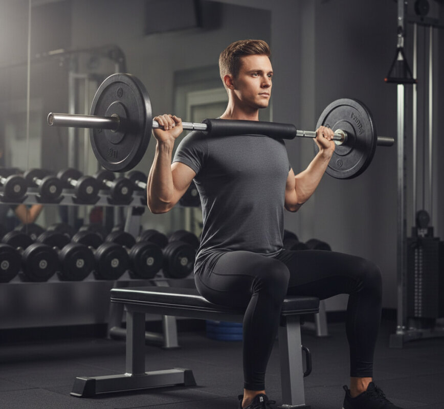 Trening pośladków na siłowni, ćwiczenie hip thrust ze sztangą.