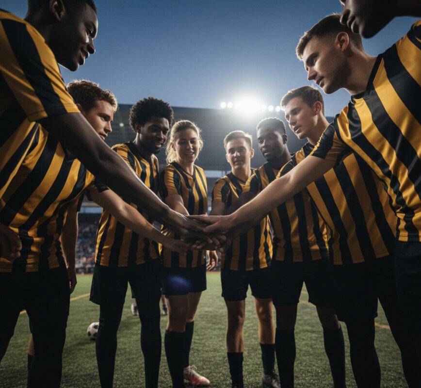 Młodzieżowa drużyna sportowa trzymająca dłonie razem w huddle.