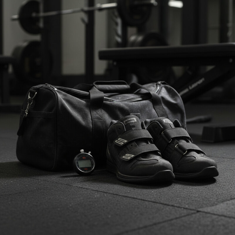 Torba sportowa, buty do podnoszenia ciężarów i stoper na podłodze siłowni.
