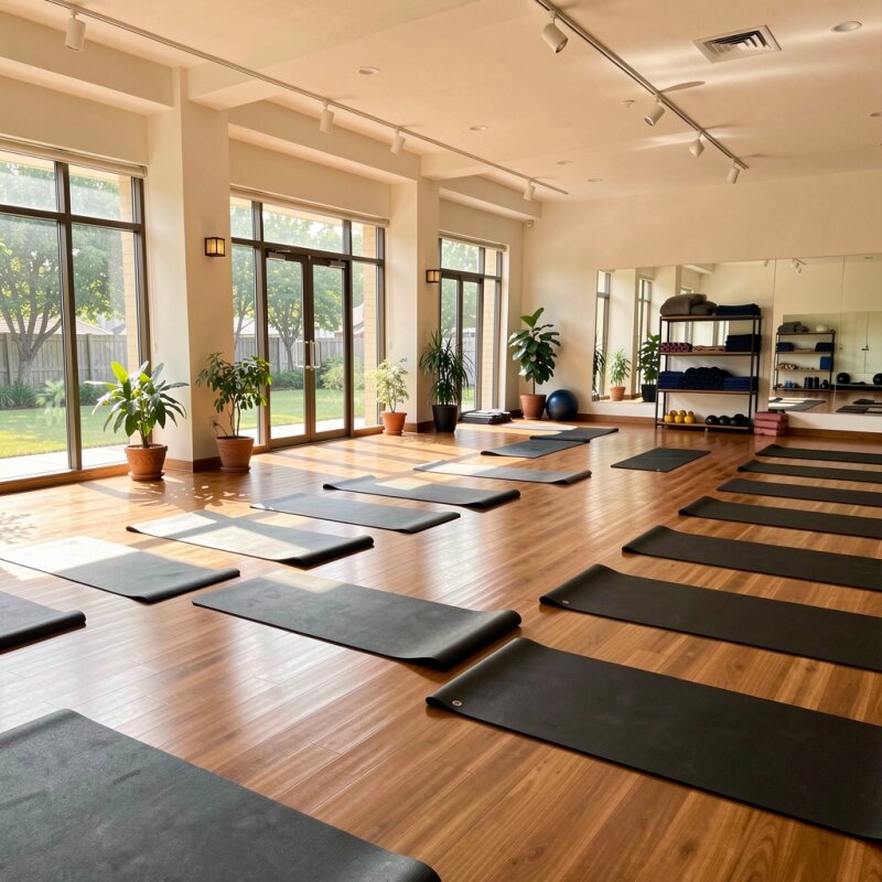 Jasna i przestronna sala do jogi w klubie fitness.