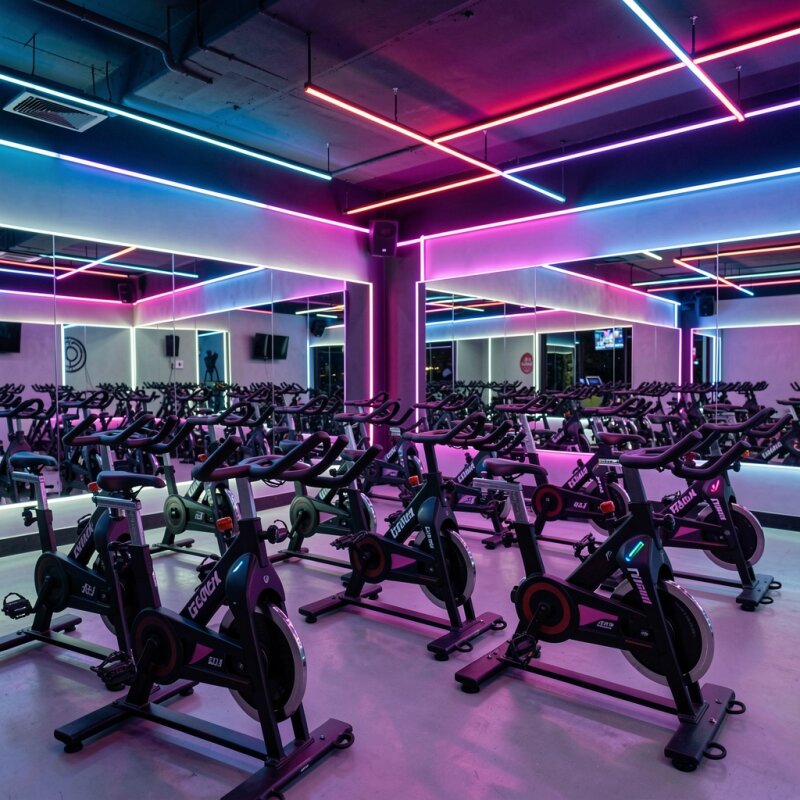 Profesjonalna strefa do indoor cyclingu w klubie fitness.