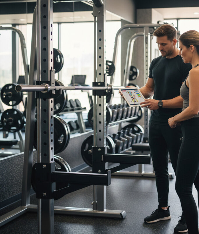 Trening personalny z trenerem w nowoczesnym studio fitness premium.