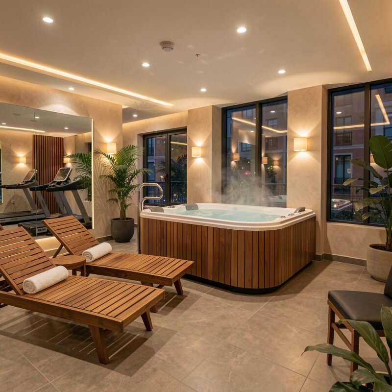 Luksusowa strefa spa i relaksu na siłowni premium.