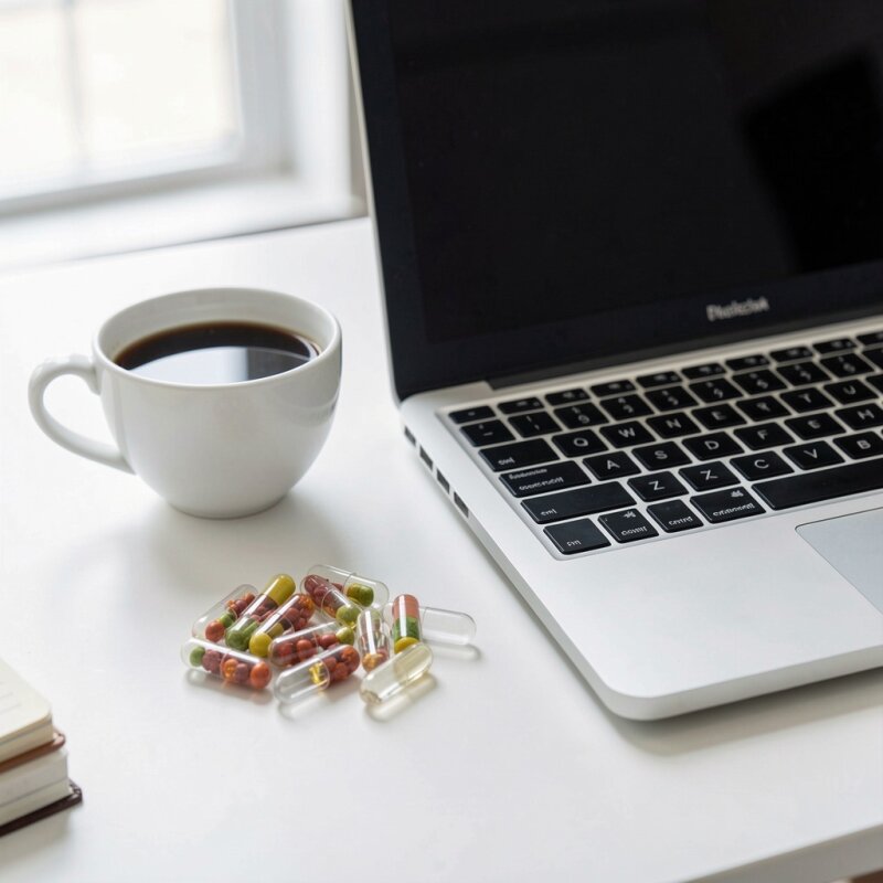 Suplementy na koncentrację obok laptopa i kawy.