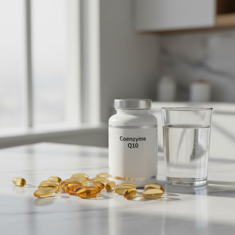 Kapsułki oleju Omega-3 i koenzym Q10 na marmurowym blacie.