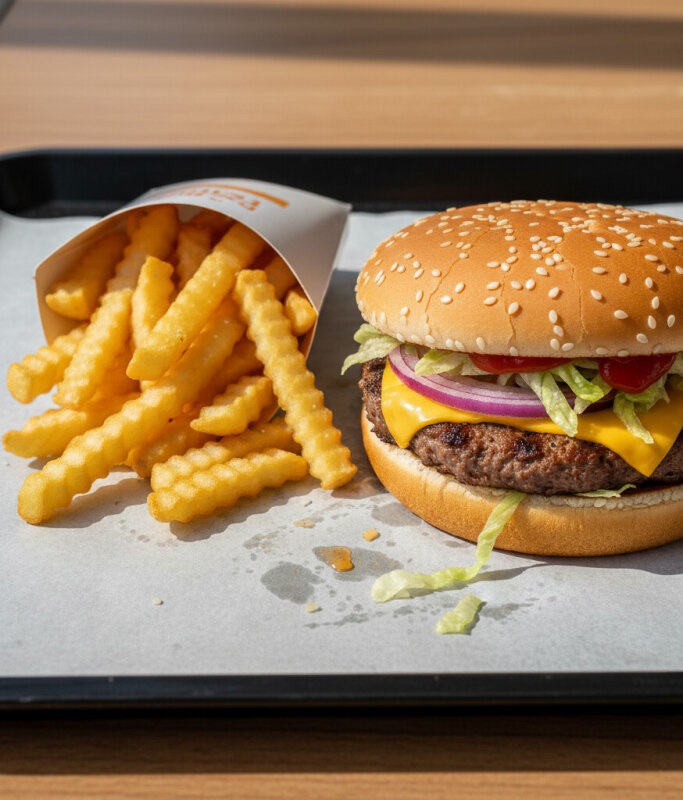 Burger i frytki na tacie w restauracji typu fast food.