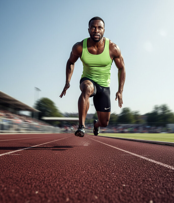 Biegacz podczas sprintu na bieżni – trening interwałowy HIIT.