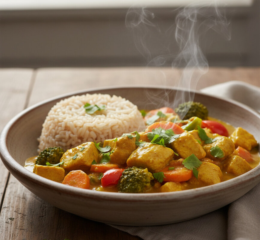 Fit kurczak w sosie curry z warzywami i ryżem w misce.