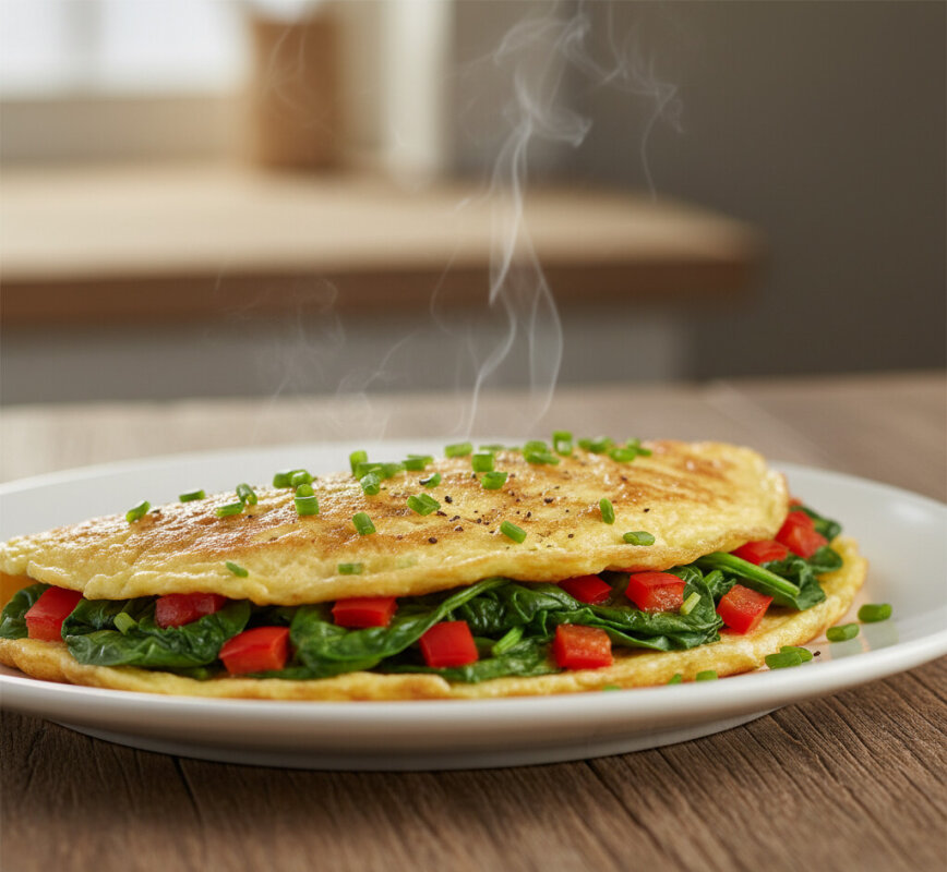 Puszysty omlet z warzywami i świeżymi ziołami na białym talerzu.