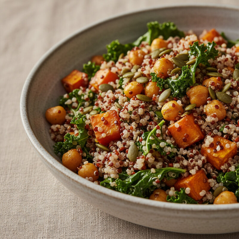 Sałatka z quinoa i pieczonymi warzywami – zdrowe danie fit w misce.