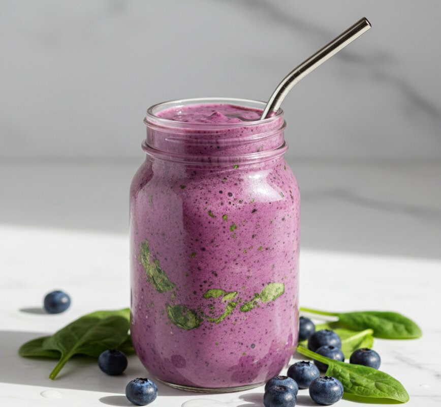 Smoothie jagodowe ze szpinakiem w szklance z rurką.