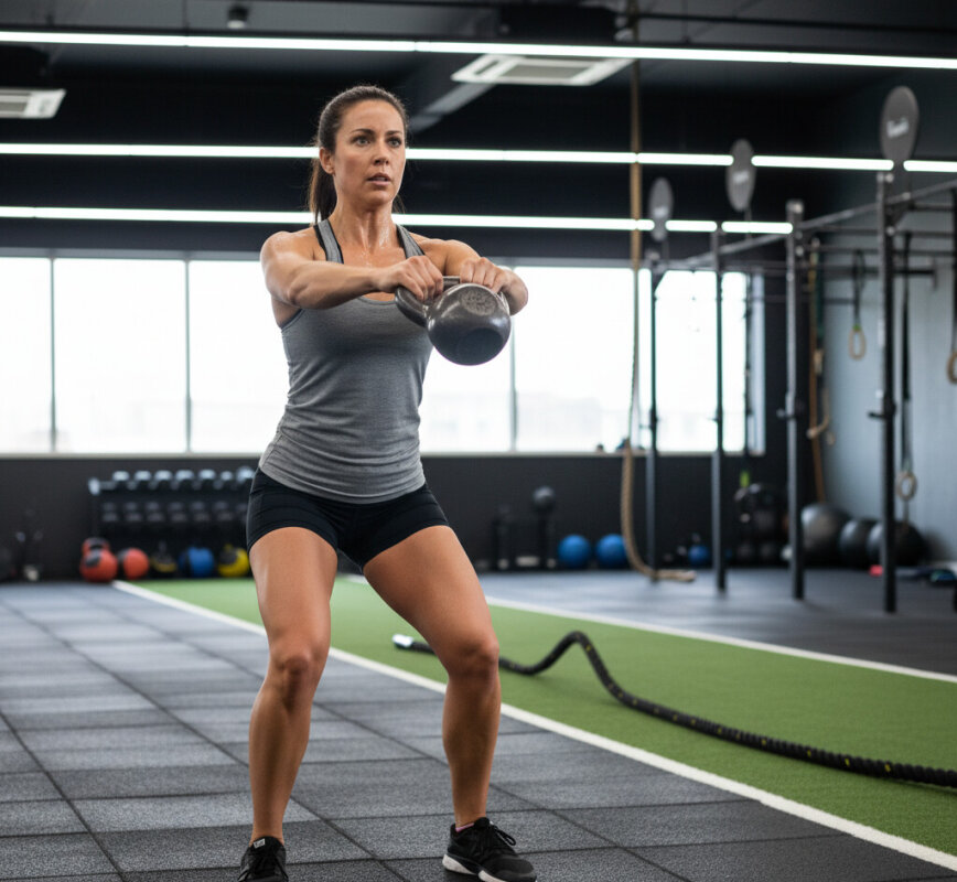 Trening funkcjonalny z kettlebell w nowoczesnym klubie fitness.