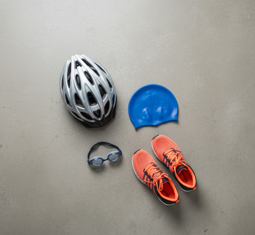 Akcesoria do triathlonu: kask, buty biegowe i okulary pływackie.